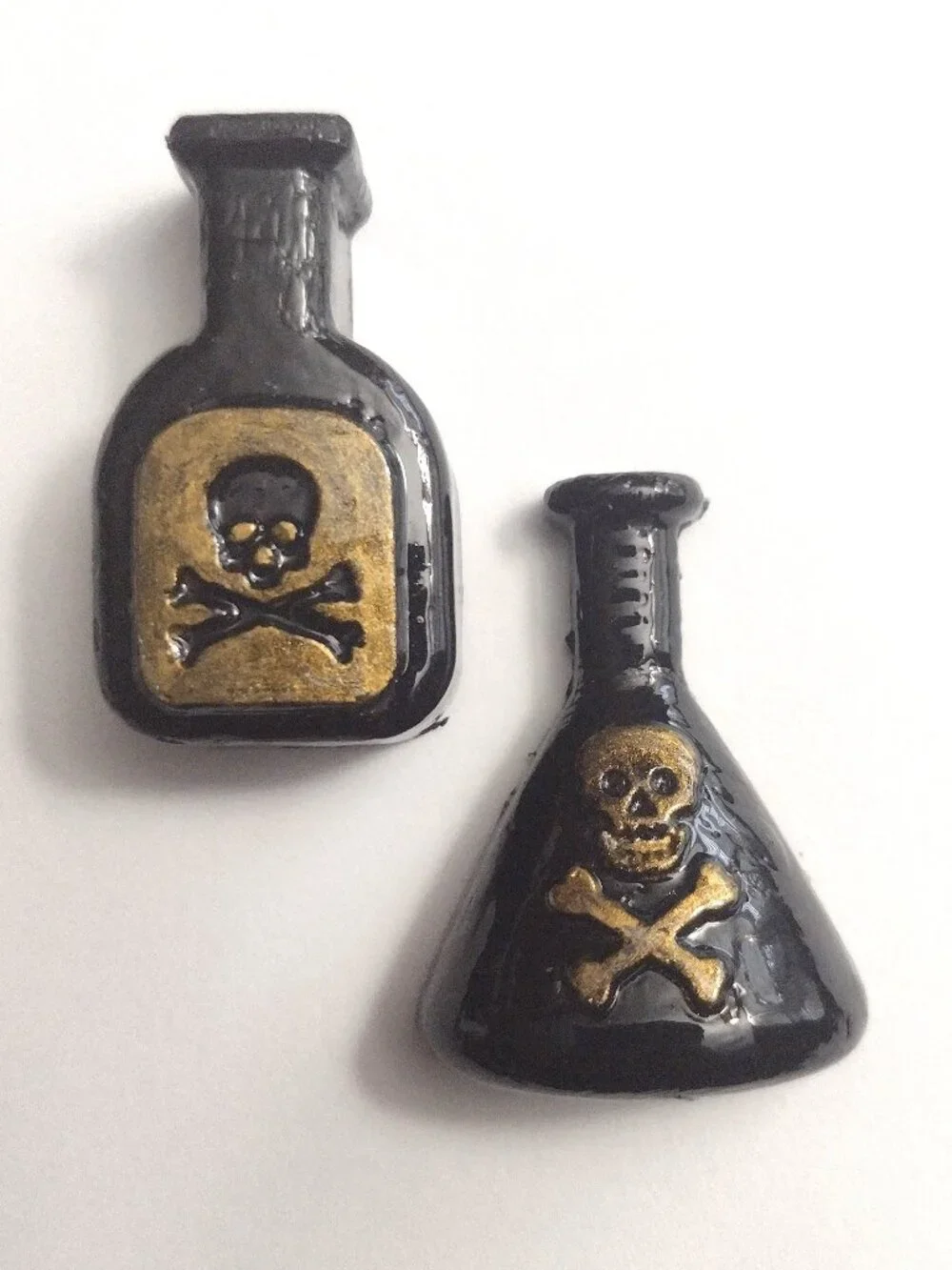 2 Black & Gold Gothic Halloween Apothecary Bottles, Skull & Crossbones Flat-back